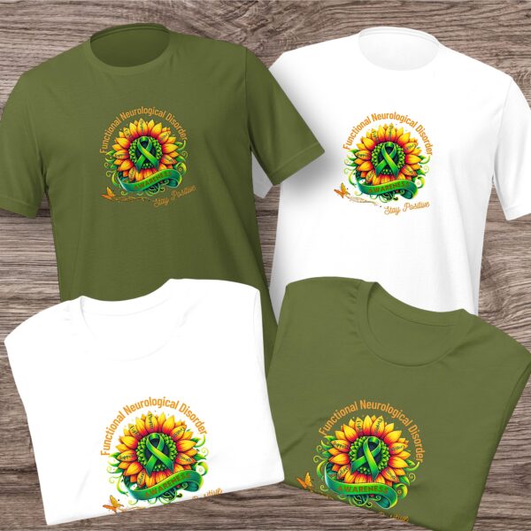 FND awareness sunflower ribbon t-shirt displayed on white and green fabric