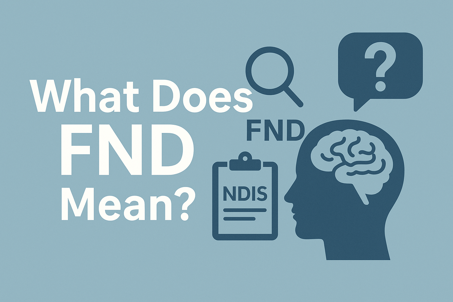 Text graphic asking "What Does FND Mean?" with icons representing brain, NDIS, magnifying glass, and question mark.
