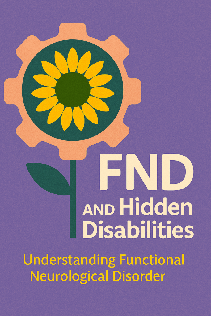 Illustration of a sunflower inside a gear symbol on a purple background, next to the text “FND and Hidden Disabilities – Understanding Functional Neurological Disorder.”