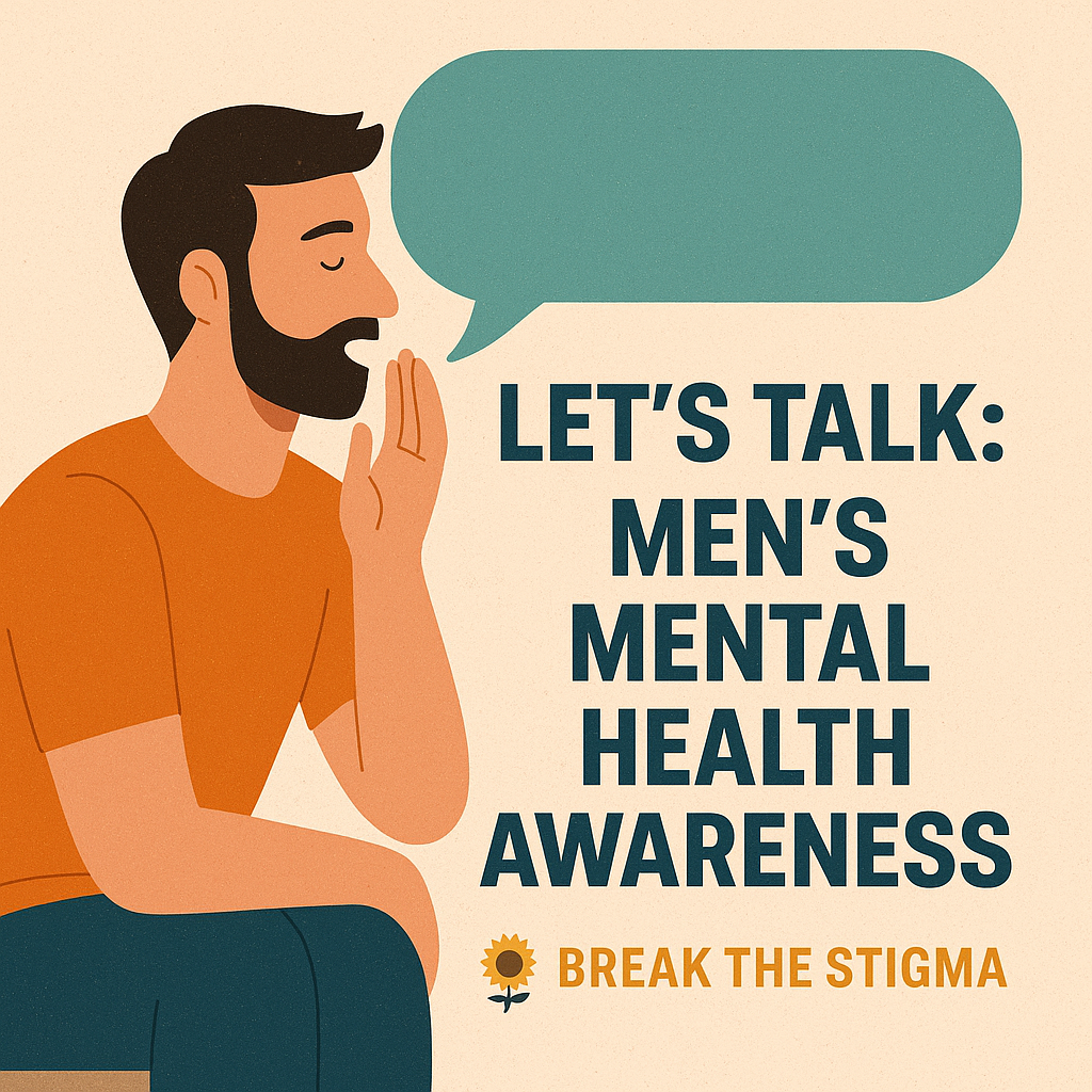 Flat illustration of a man with dark hair and beard, wearing an orange shirt, speaking with a teal speech bubble above him. Next to him, bold text reads “LET’S TALK: MEN’S MENTAL HEALTH AWARENESS” with “BREAK THE STIGMA” and a sunflower icon below, all set against a light beige textured background.