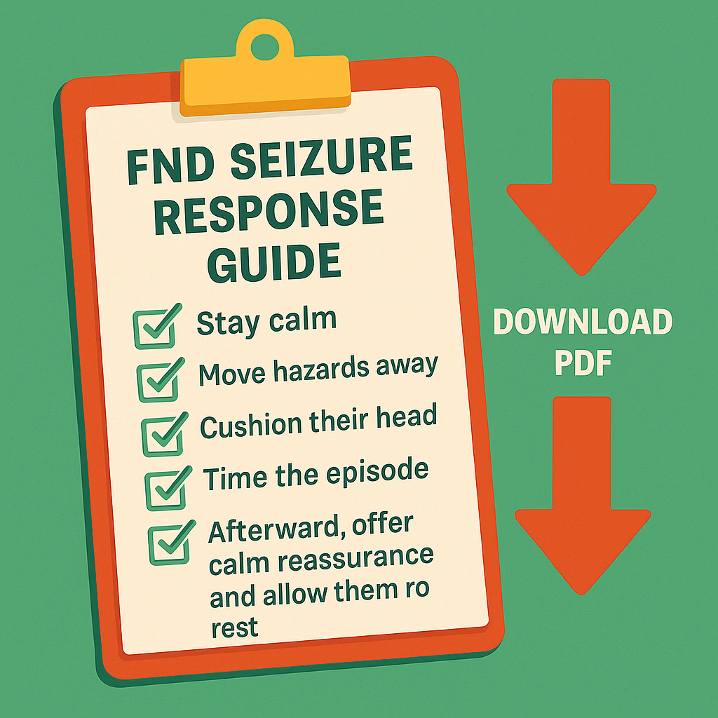 Illustration of a checklist on a clipboard titled "FND Seizure Response Guide" with steps like "Stay calm" and "Cushion their head," alongside large red arrows pointing to the text "Download PDF" on a green background.